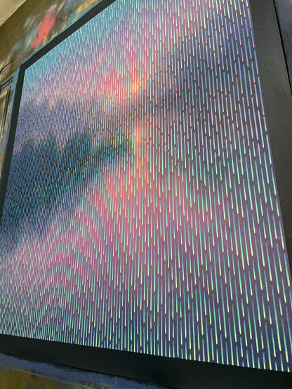 Original artwork with a colorful abstract lines on a blurred background