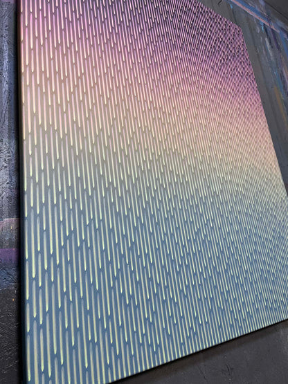 abstract artwork a textured surface with vertical lines and a gradient color pattern.