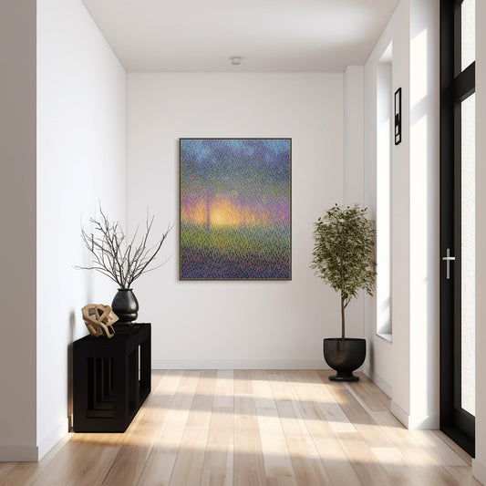 Modern interior with a colorful abstract painting on a white wall, black cabinet, and potted plants.