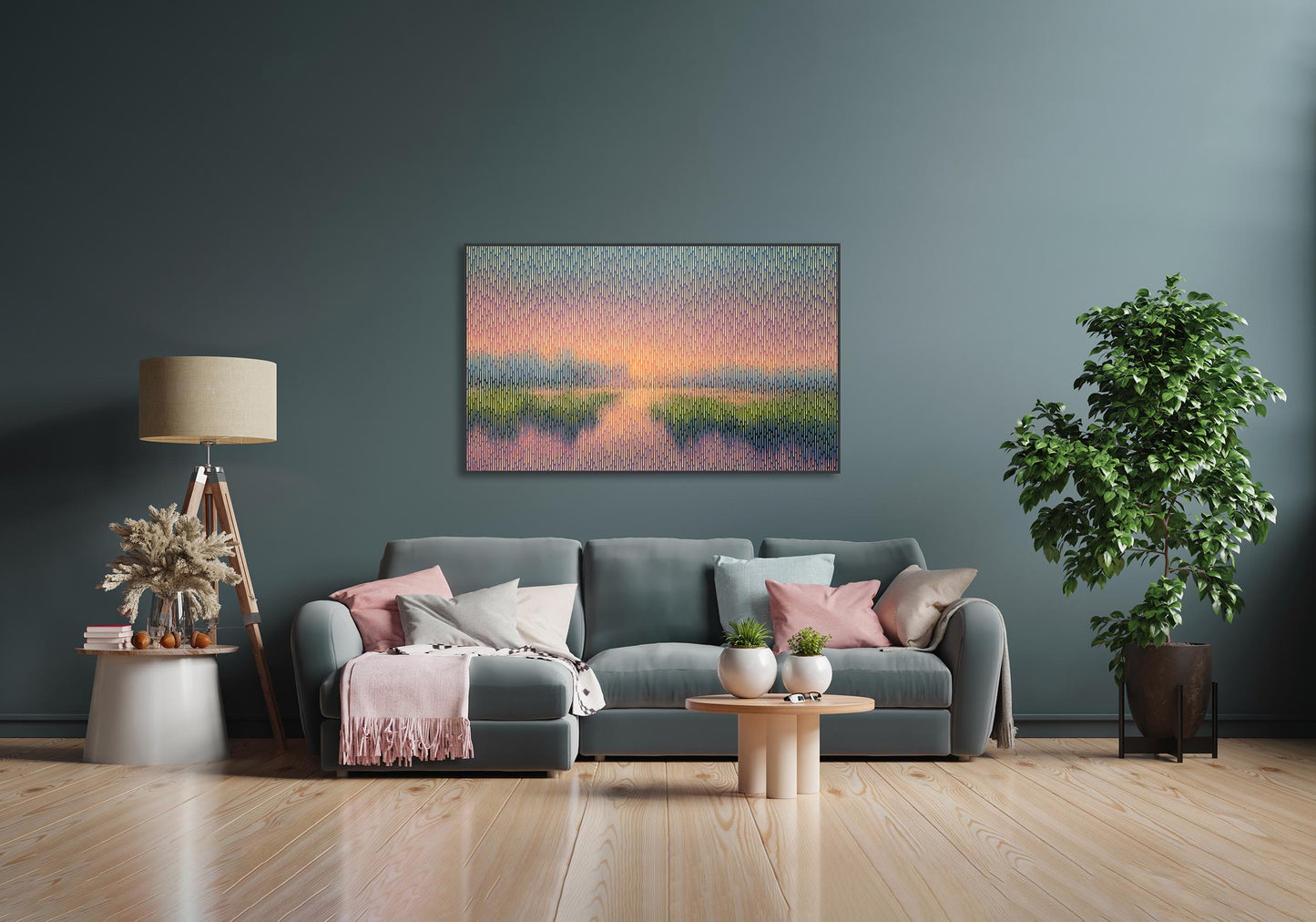 Living room with a gray sofa, coffee table, and decorative items against a dark gray wall with a framed landscape painting.