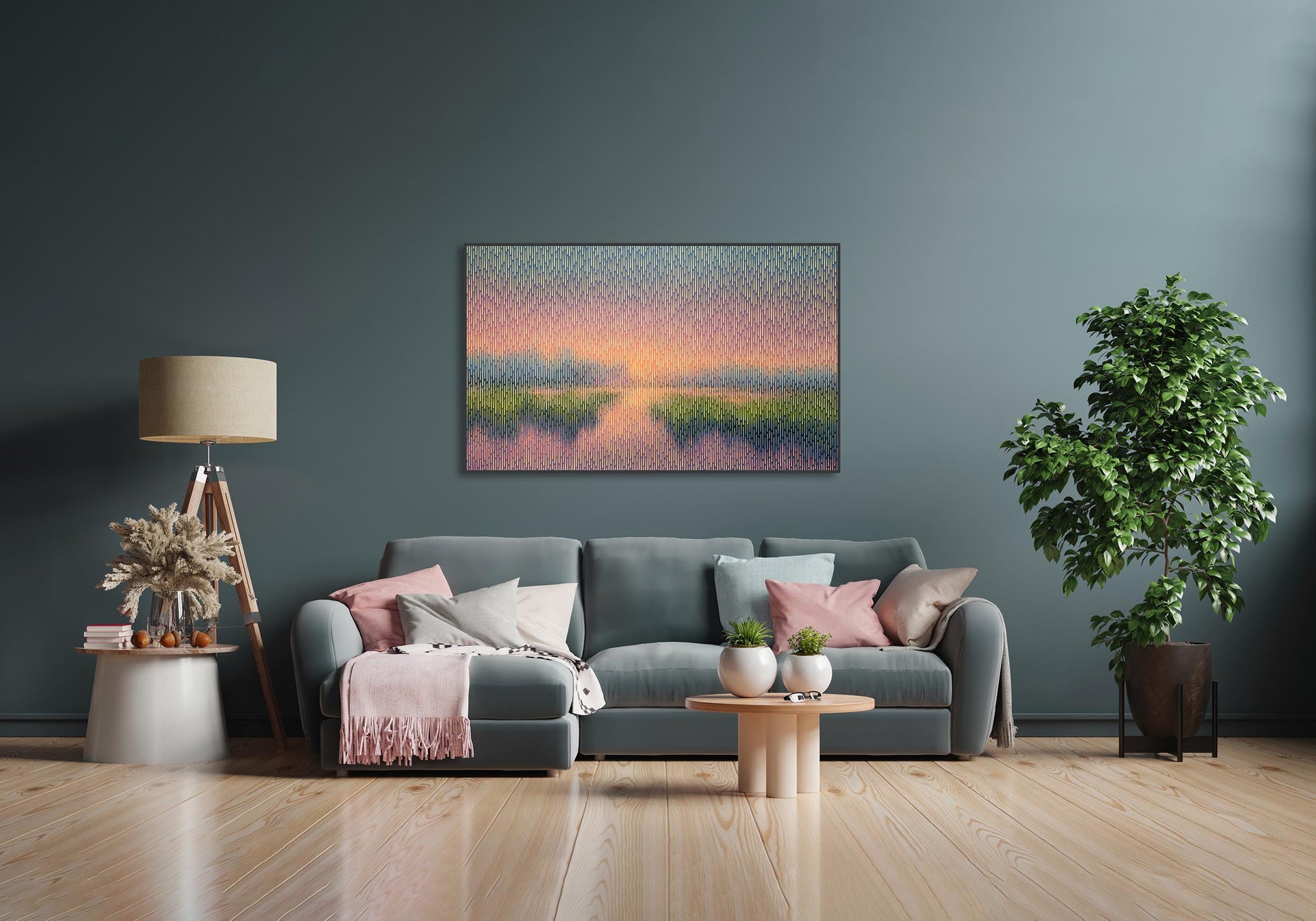 Living room with a gray sofa, coffee table, and decorative items against a dark gray wall with a framed landscape painting.