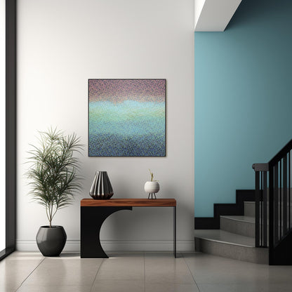 Modern interior with a colorful abstract painting on a white wall, a wooden console table with decorative items, and a plant.
