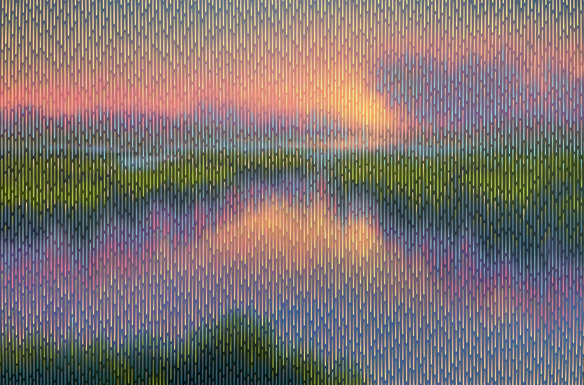 Pixelated image of a landscape with green fields and a colorful sky.