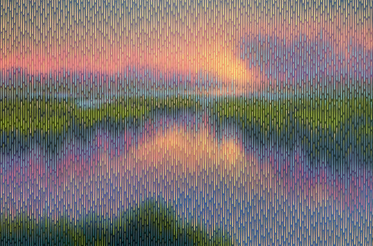 Pixelated image of a landscape with green fields and a colorful sky.