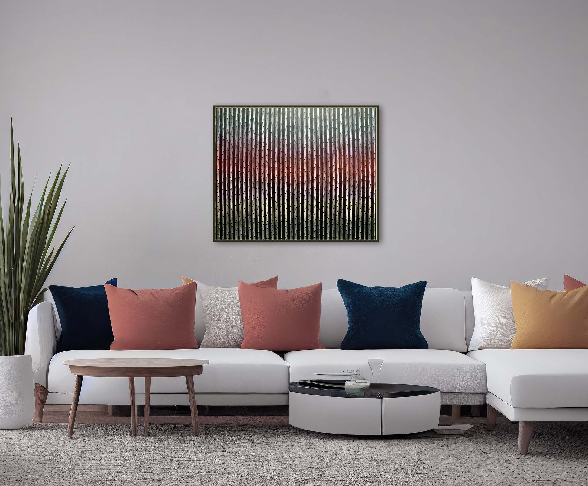 Upscale boutique hotel lounge area styled with the glowing atmospheric canvas art Mirage No. 71 by Vasyl Kolodiy.
