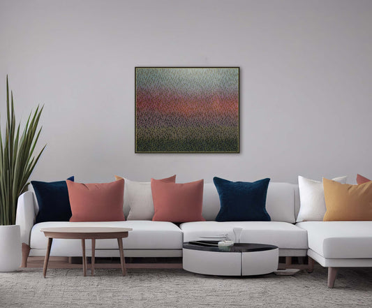 Upscale boutique hotel lounge area styled with the glowing atmospheric canvas art Mirage No. 71 by Vasyl Kolodiy.