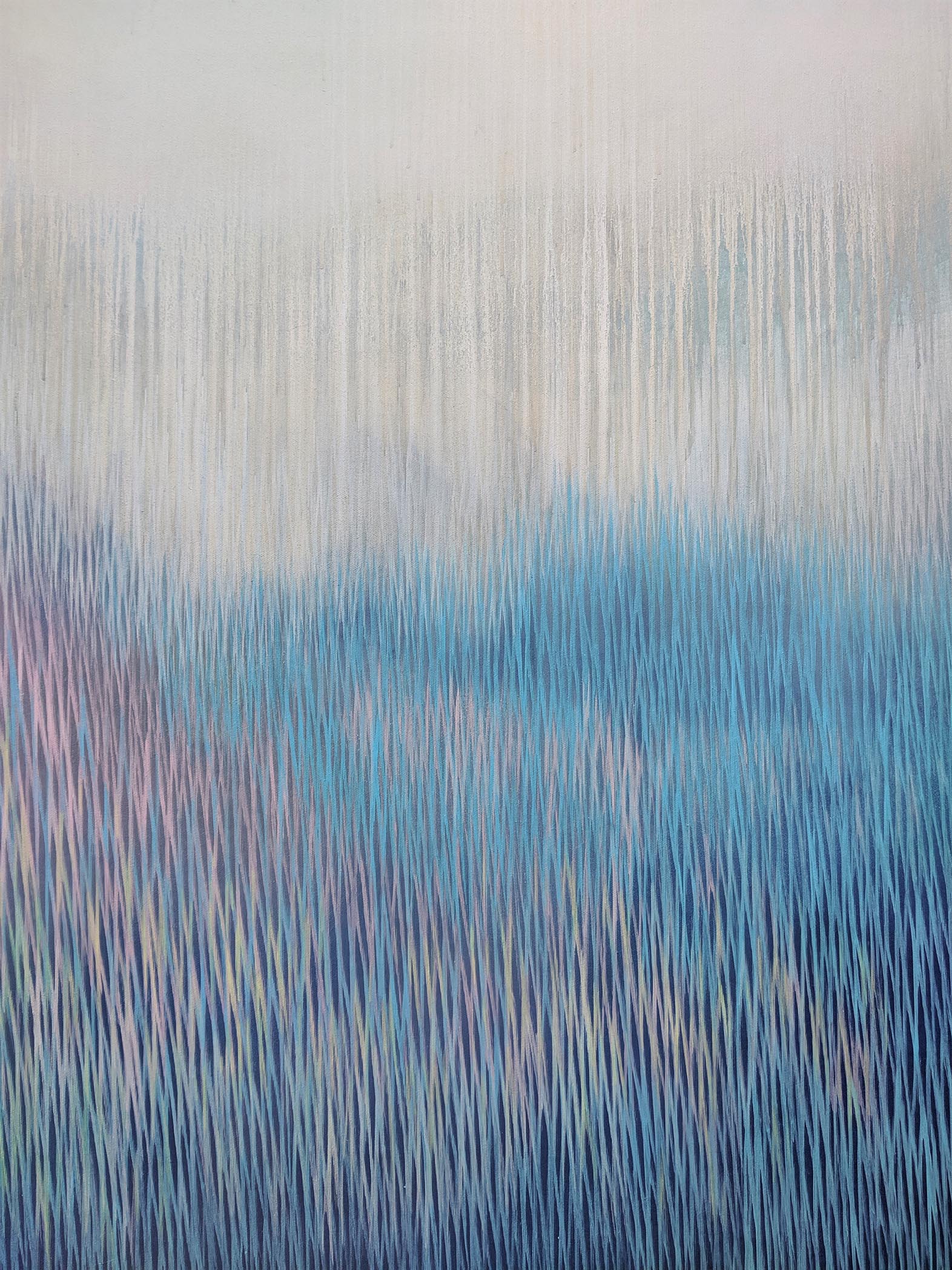 Abstract artwork with vertical brush strokes in blue and gray tones