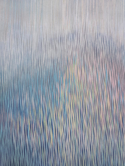 Abstract art with vertical brush strokes in blue and yellow tones