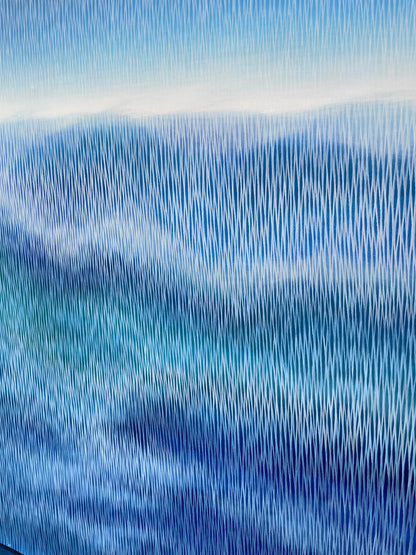 Abstract blue painting with vertical lines on a textured background