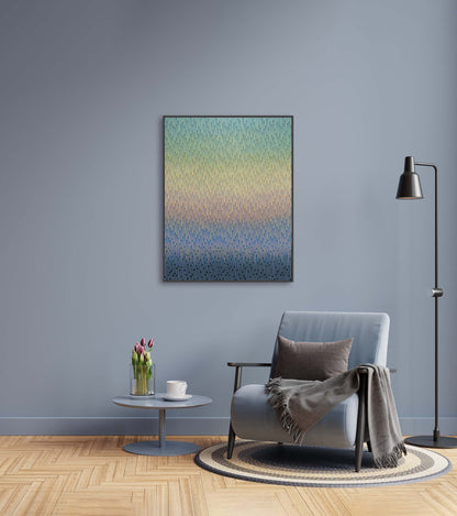 Sophisticated coastal interior design featuring a premium blue-toned original artwork Mirage No. 77 on an accent wall.