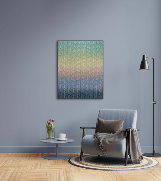 Sophisticated coastal interior design featuring a premium blue-toned original artwork Mirage No. 77 on an accent wall.