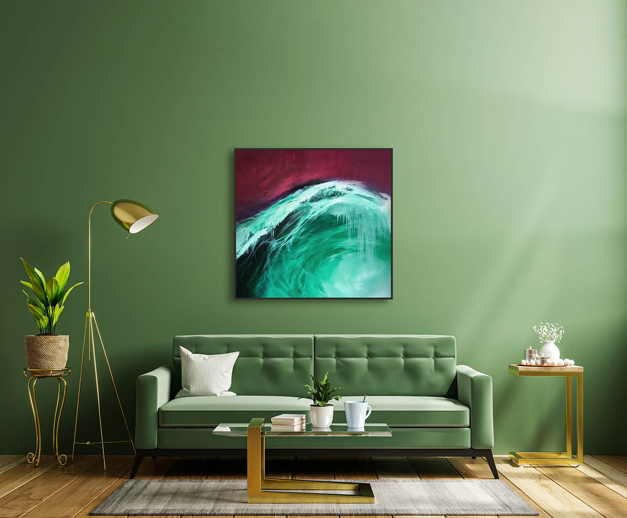 Modern living room with a green sofa, abstract painting, and decorative items.