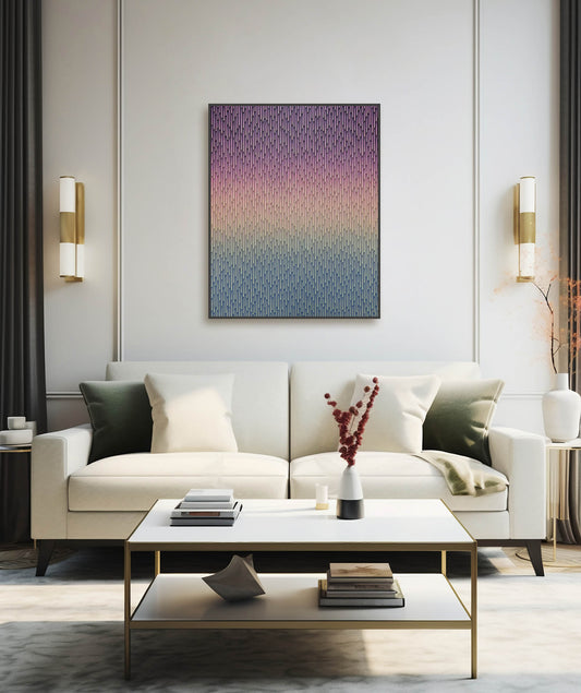 Modern living room with a white sofa, coffee table, and colorful abstract painting on the wall.