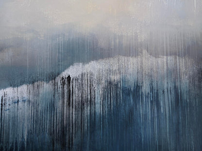 Abstract art with vertical brush strokes in shades of blue and gray