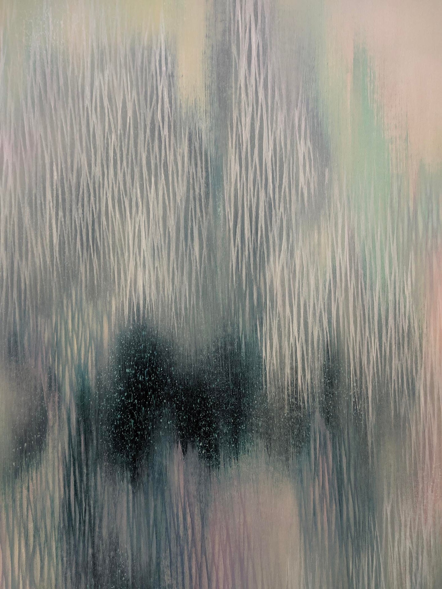 Abstract art with vertical brush strokes in gray, black, and white.