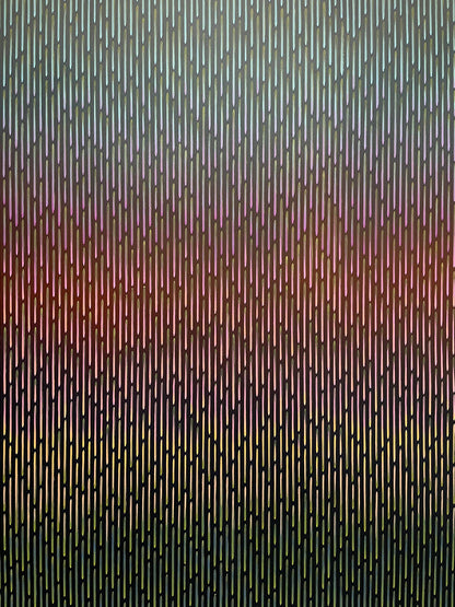 High-resolution close-up of premium flat acrylic pigments and pristine line work on the surface of Mirage No. 71