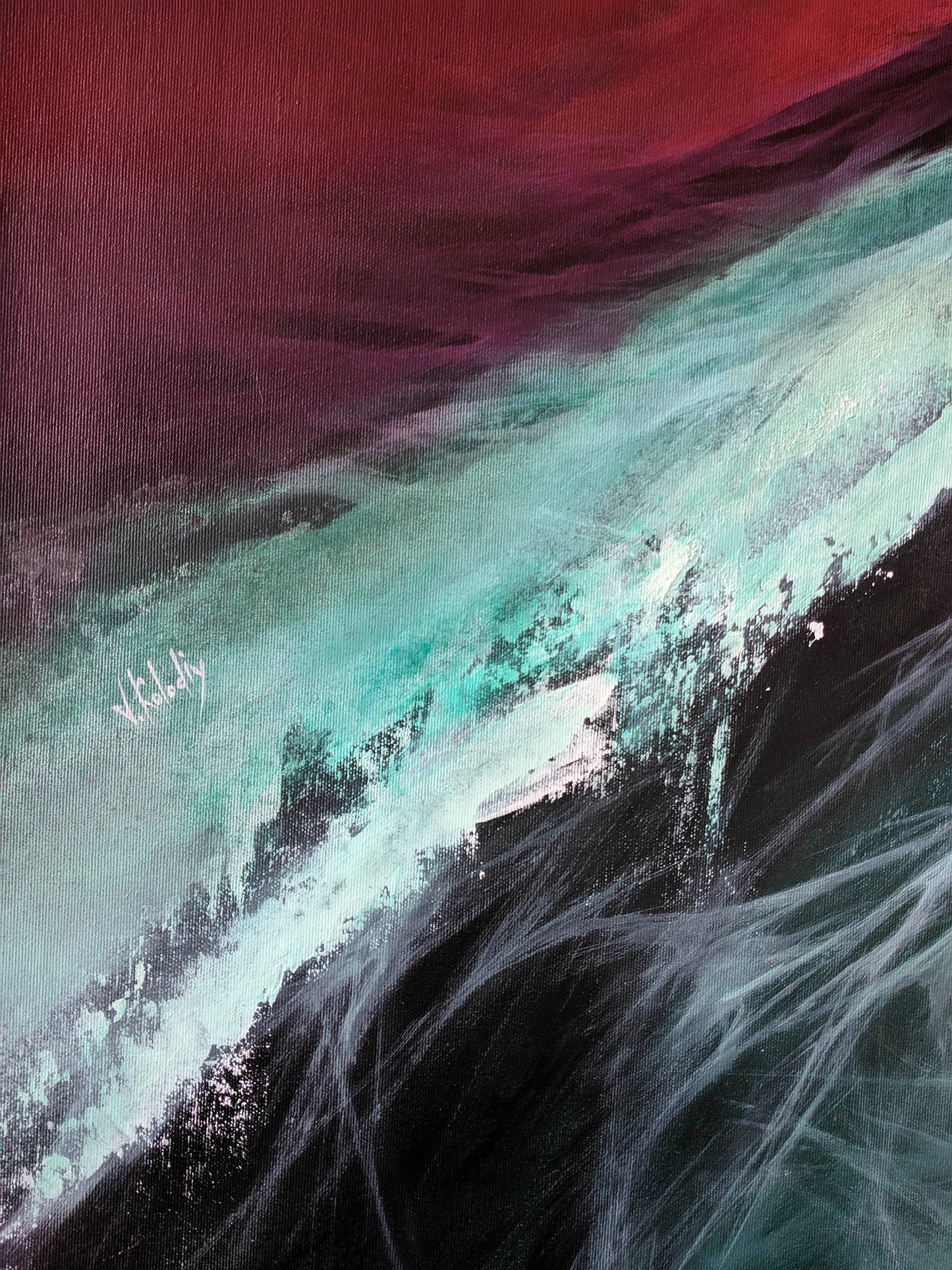 Abstract painting with a gradient of red, green, and black.