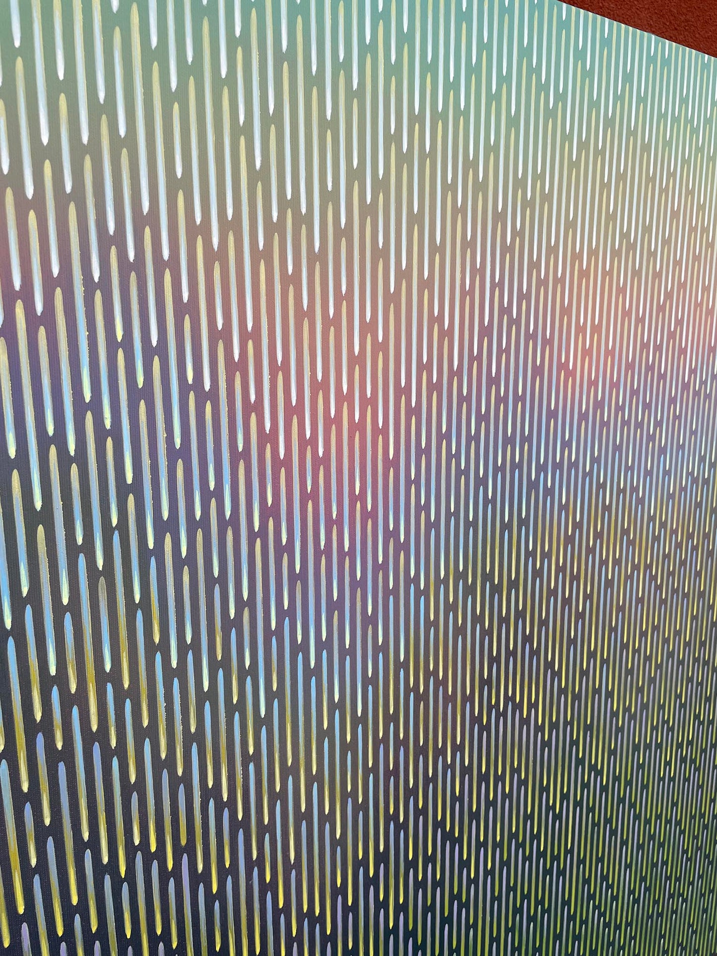 Zoomed perspective of the optical geometric vibration effect created by hand-painted lines on Mirage No. 79