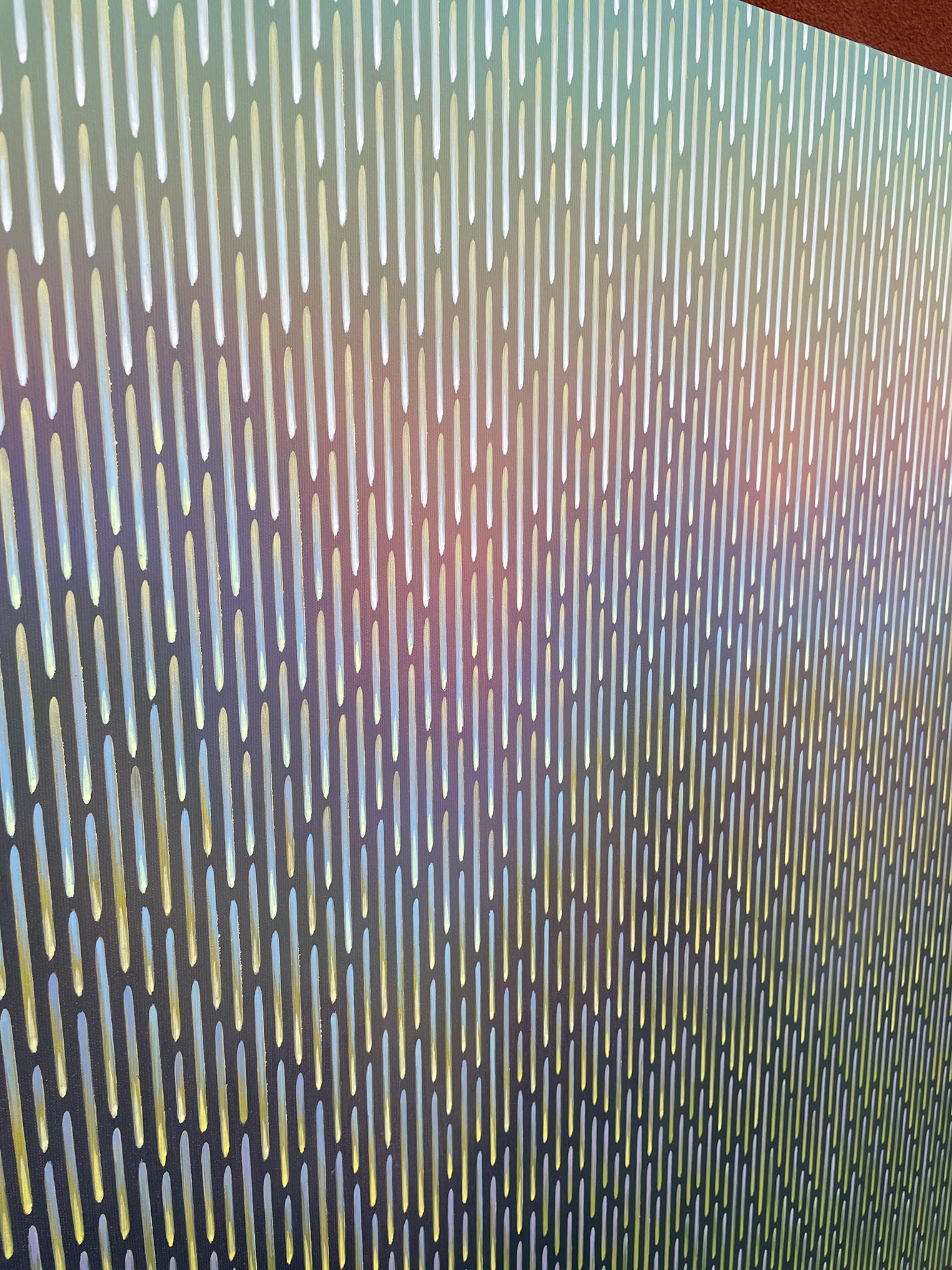 Zoomed perspective of the optical geometric vibration effect created by hand-painted lines on Mirage No. 79