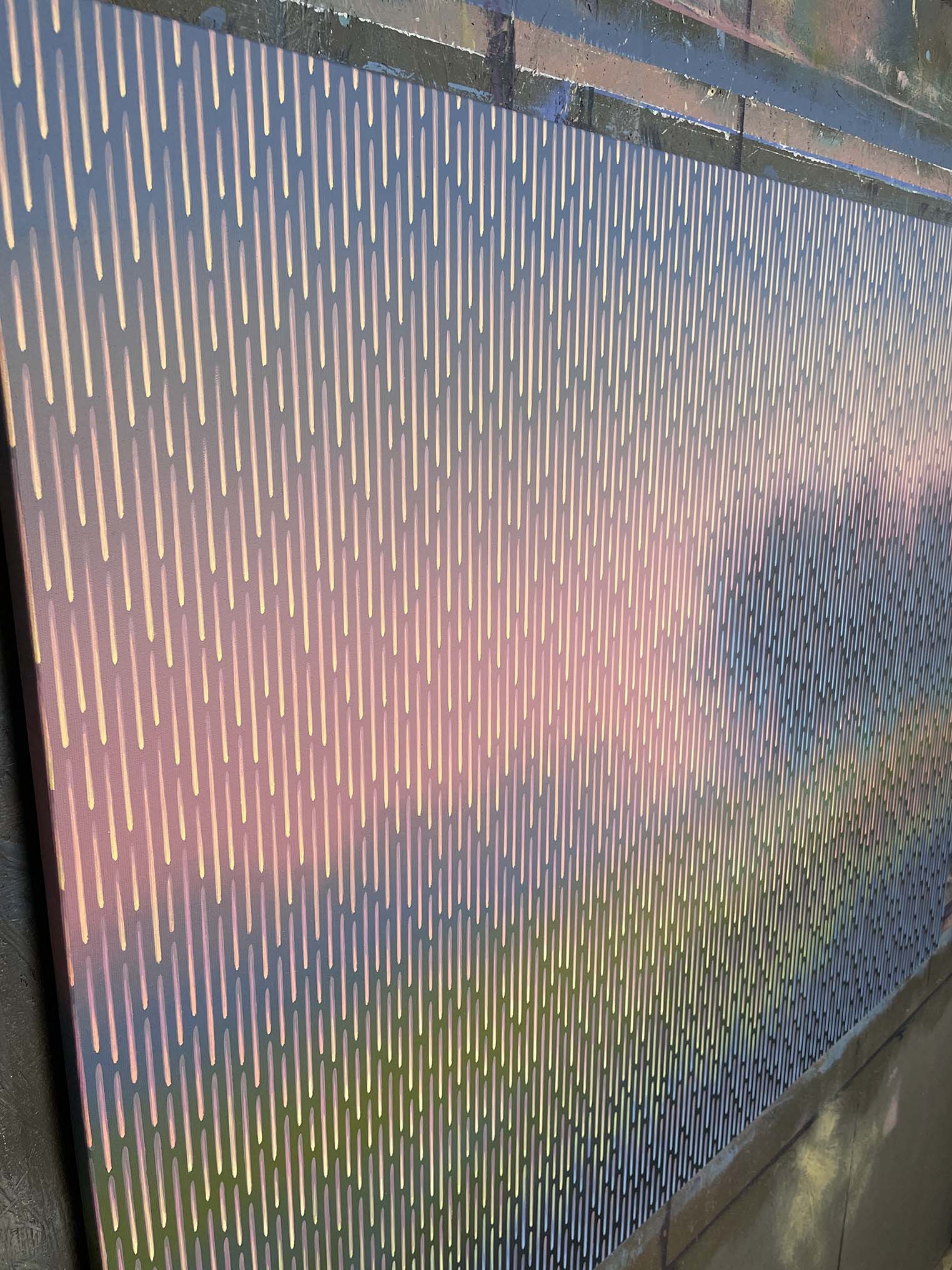  Detailed macro shot of the intricate linear brushwork and layered color glazing on the smooth canvas of Mirage No. 86.