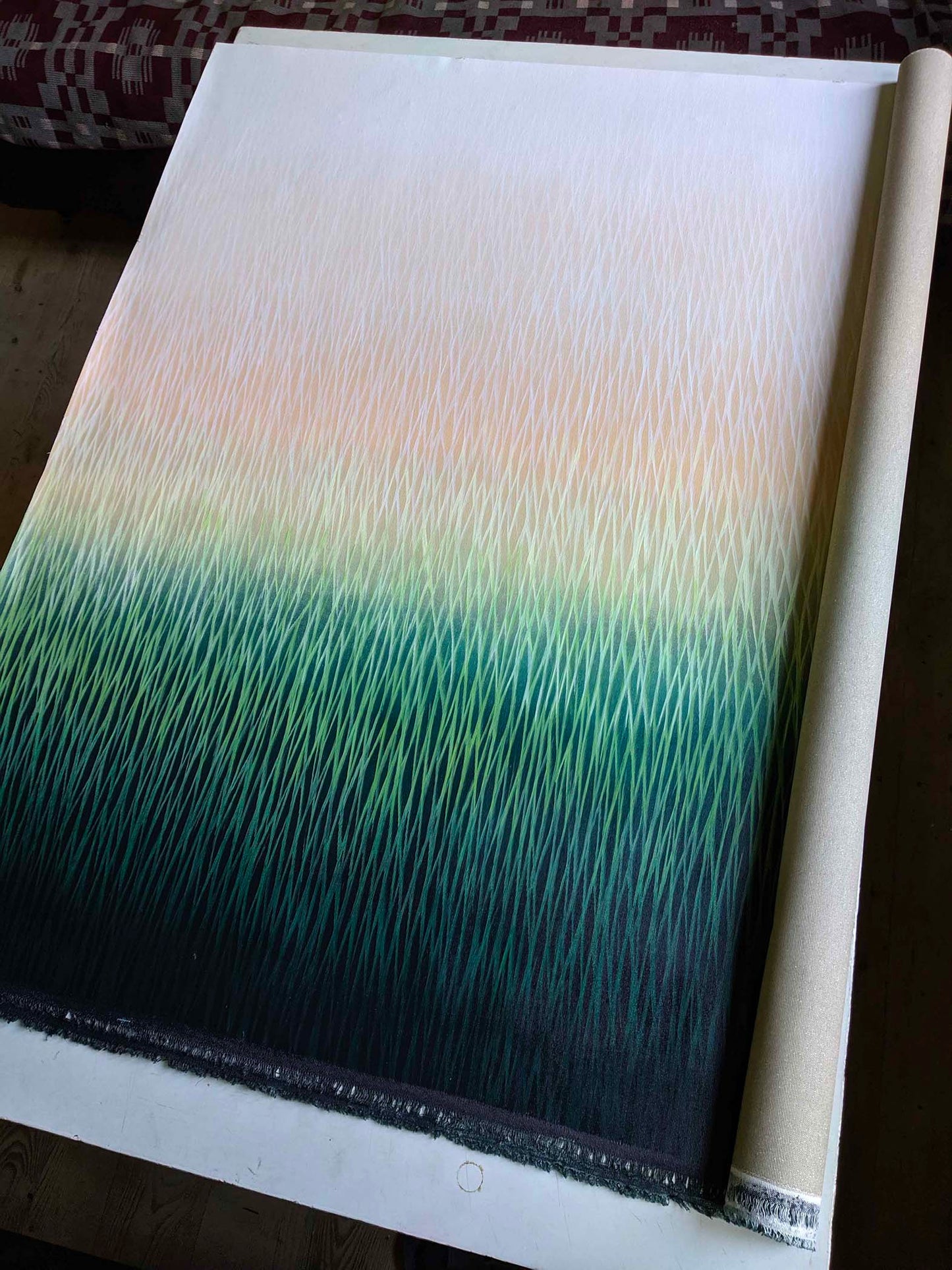 Modern painting with gradient color from beige to green on a white background