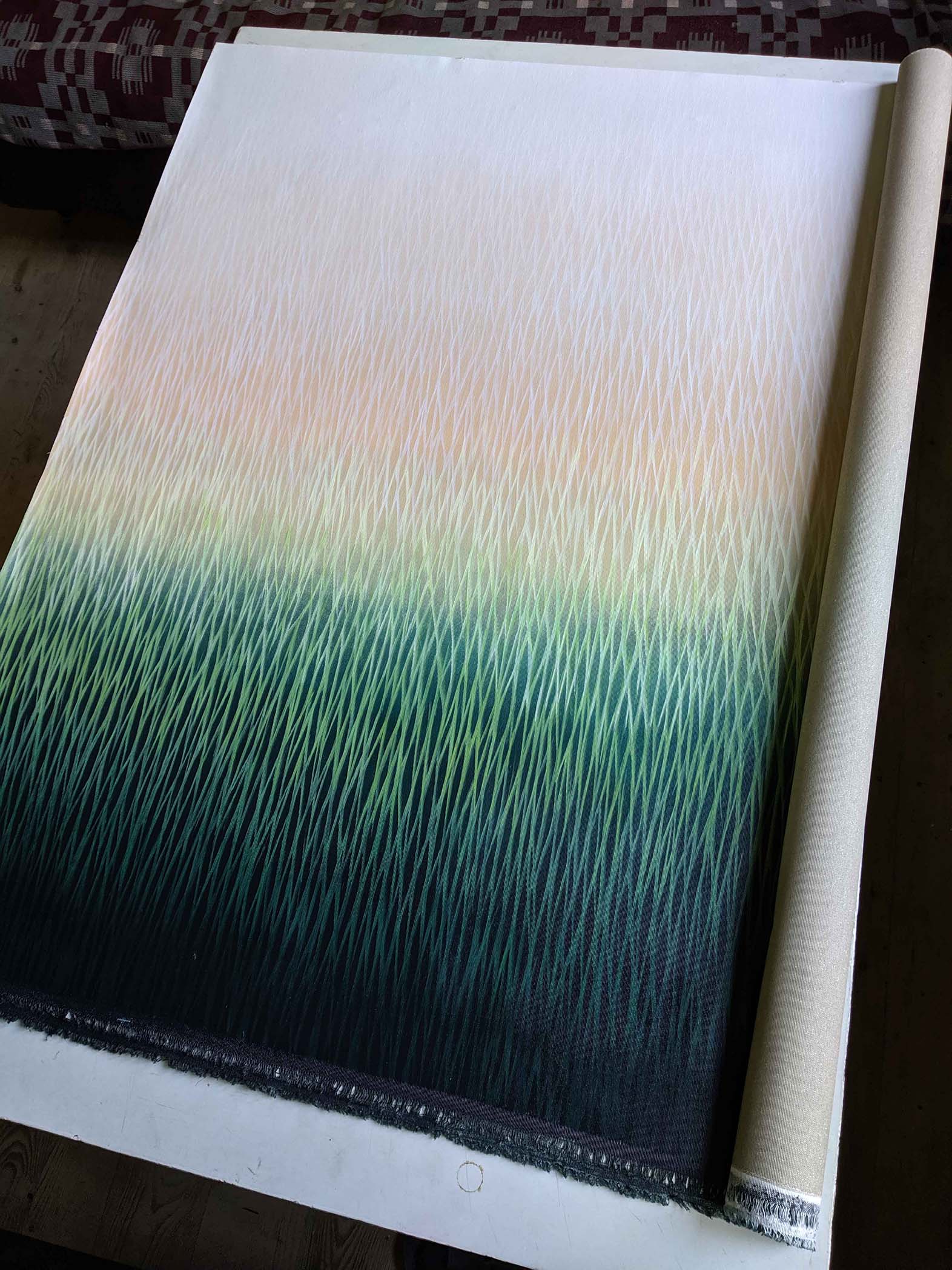 Modern painting with gradient color from beige to green on a white background