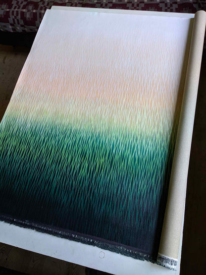 Modern painting with gradient color from beige to green on a white background