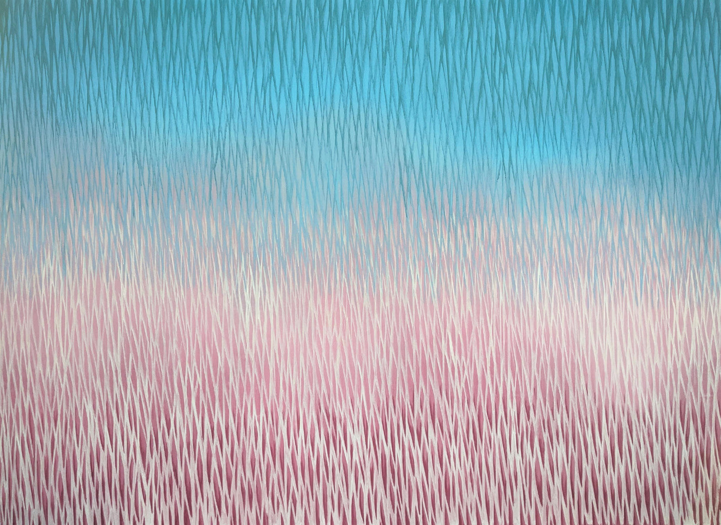 Abstract artwork with vertical brush strokes in blue and pink.