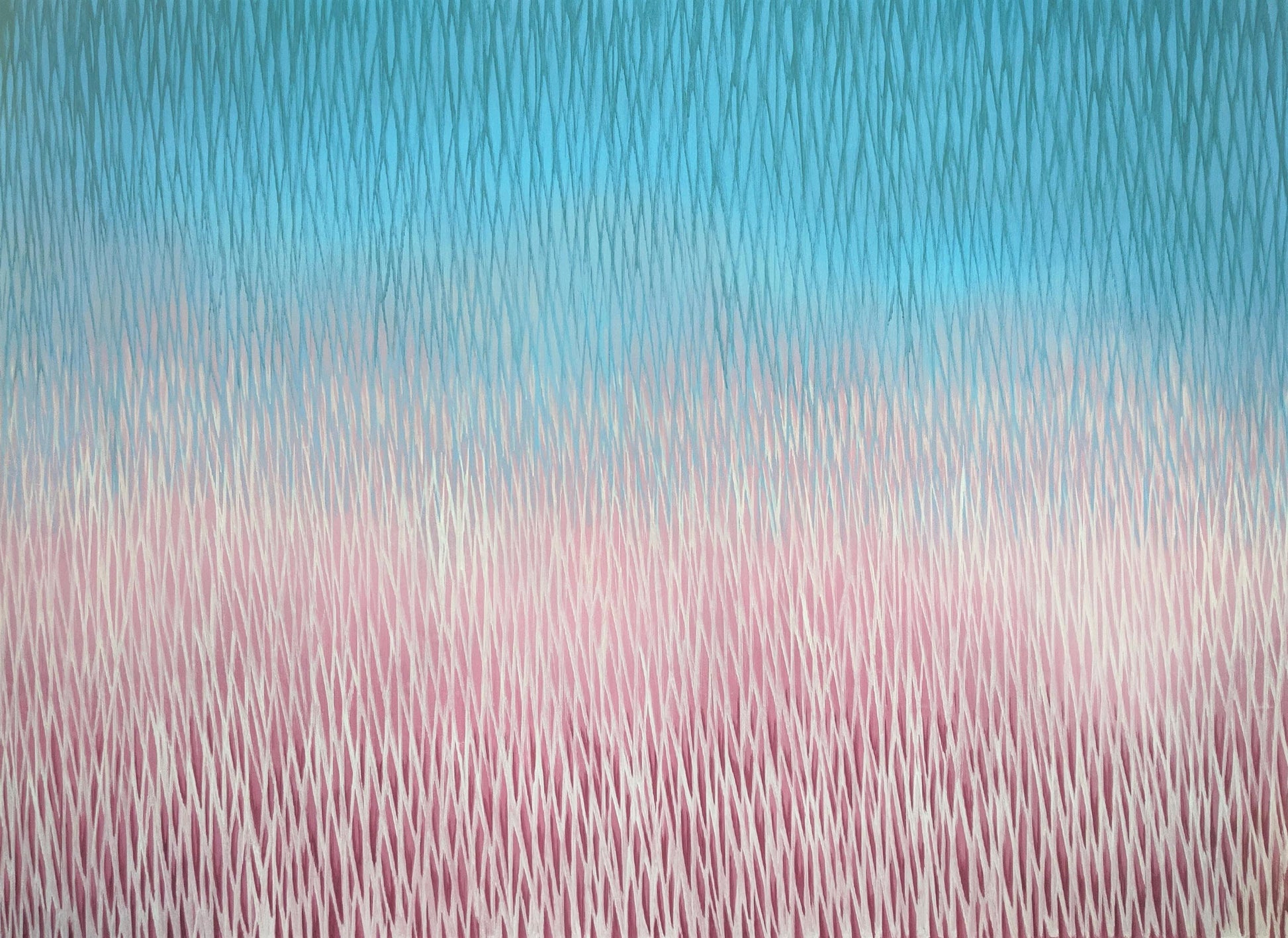 Abstract artwork with vertical brush strokes in blue and pink.