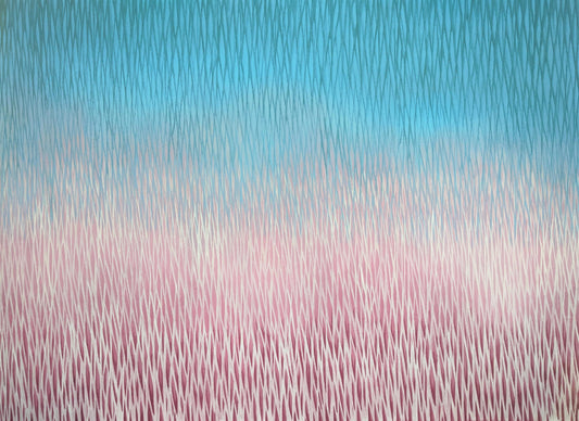 Abstract artwork with vertical brush strokes in blue and pink.