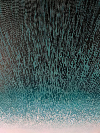 Abstract art with wavy lines in teal, black, and white.