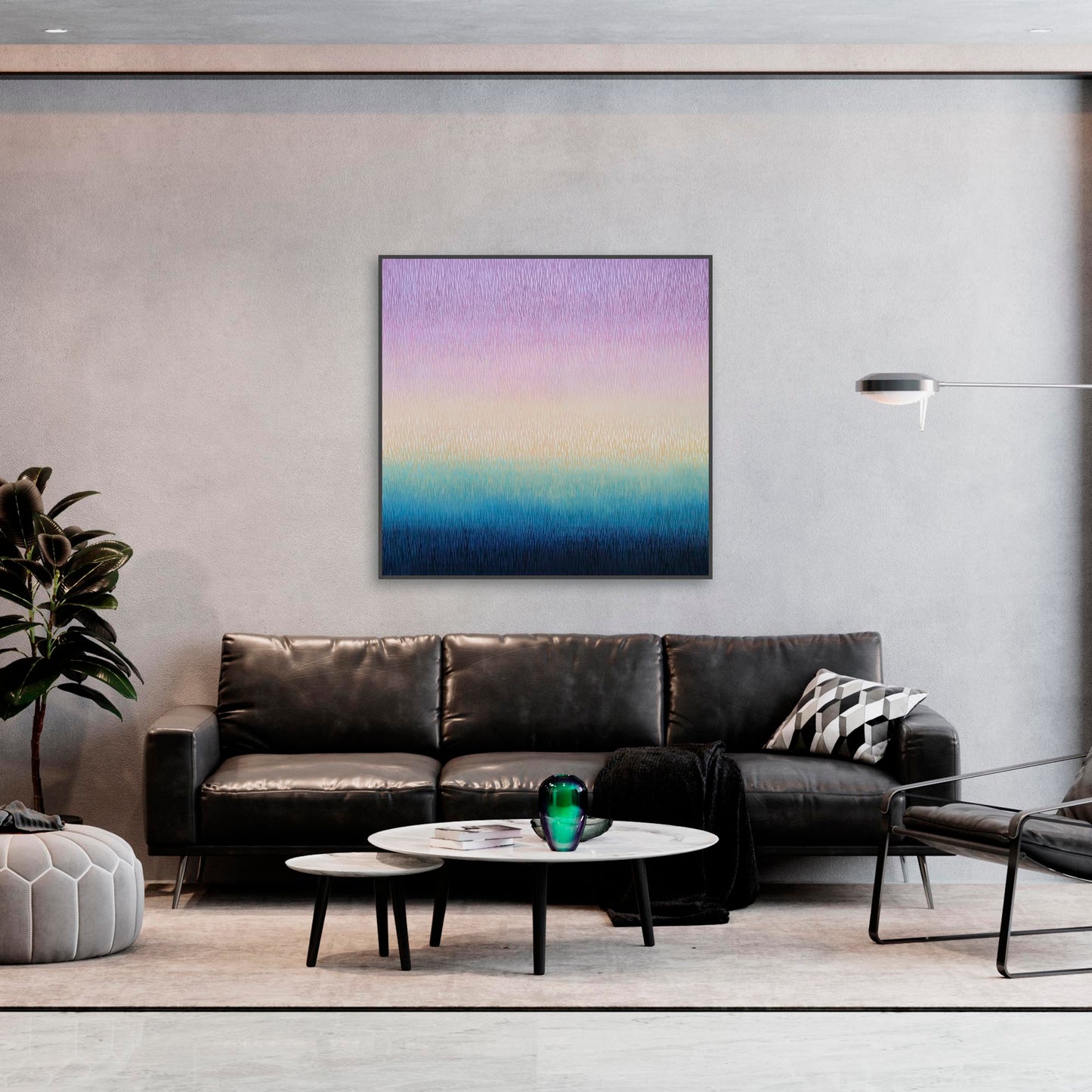 Modern living room with a colorful abstract painting on the wall.