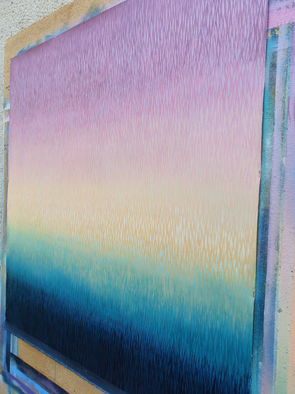 Modern painting with purple, pink, yellow, and blue on a textured surface.