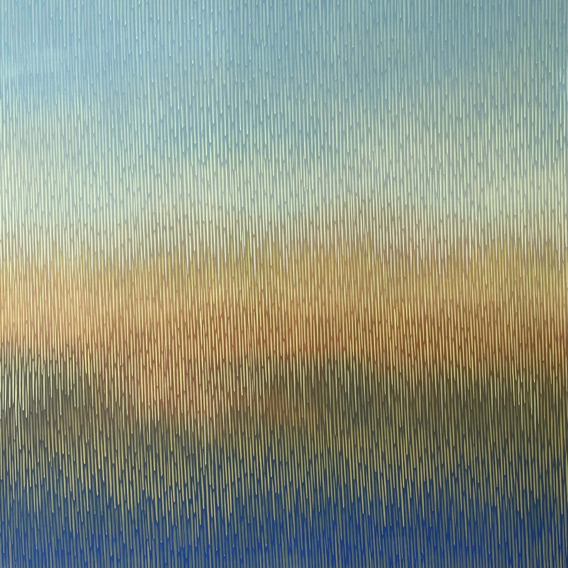 Abstract painting with vertical lines in blue, green, and brown