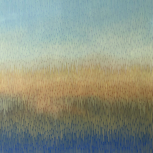 Abstract painting with vertical lines in blue, green, and brown