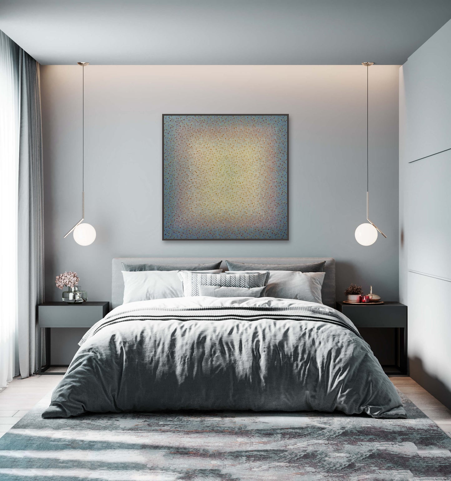 Modern bedroom with gray bedding, nightstands, and a abstract contemporary painting on the wall.