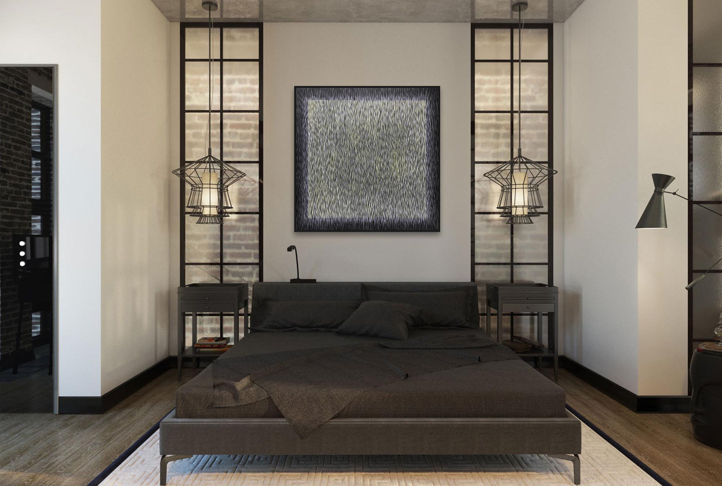 Modern bedroom with a contemporary painting Enigma by Vasyl Kolodiy