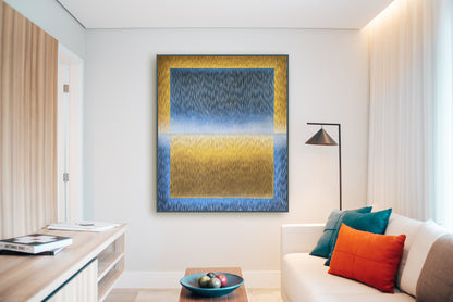 Modern living room with abstract art, sofa, and decor