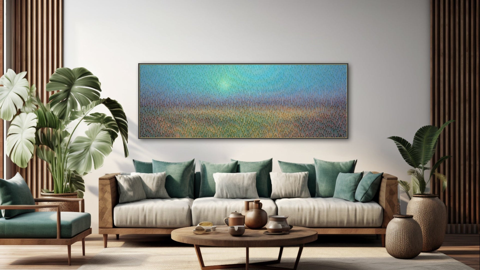 Modern living room with a large contemporary painting a nature scene, a sofa with green and gray cushions, and decorative plants.