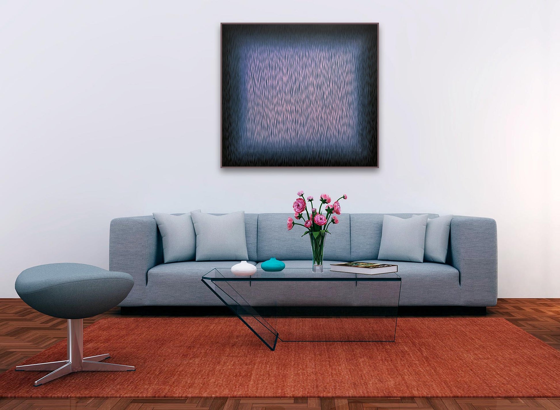 Modern living room with a gray sofa, glass coffee table, and abstract painting.