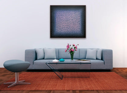 Modern living room with a gray sofa, glass coffee table, and abstract painting.