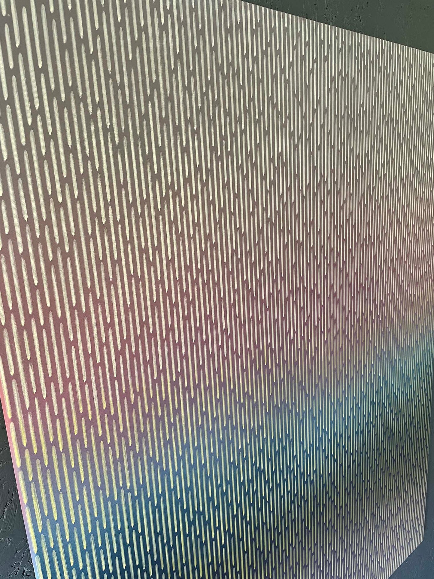 Micro perspective of the masterfully layered acrylic glazes generating a glowing horizon line on Mirage No. 54