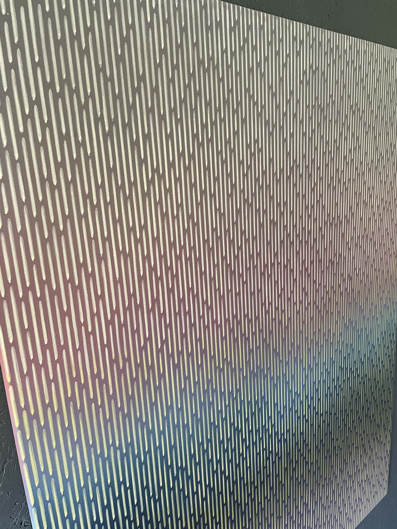 Micro perspective of the masterfully layered acrylic glazes generating a glowing horizon line on Mirage No. 54