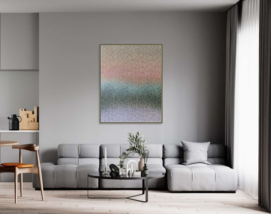 Modern living room with a gray sectional sofa, coffee table, and abstract art on the wall.