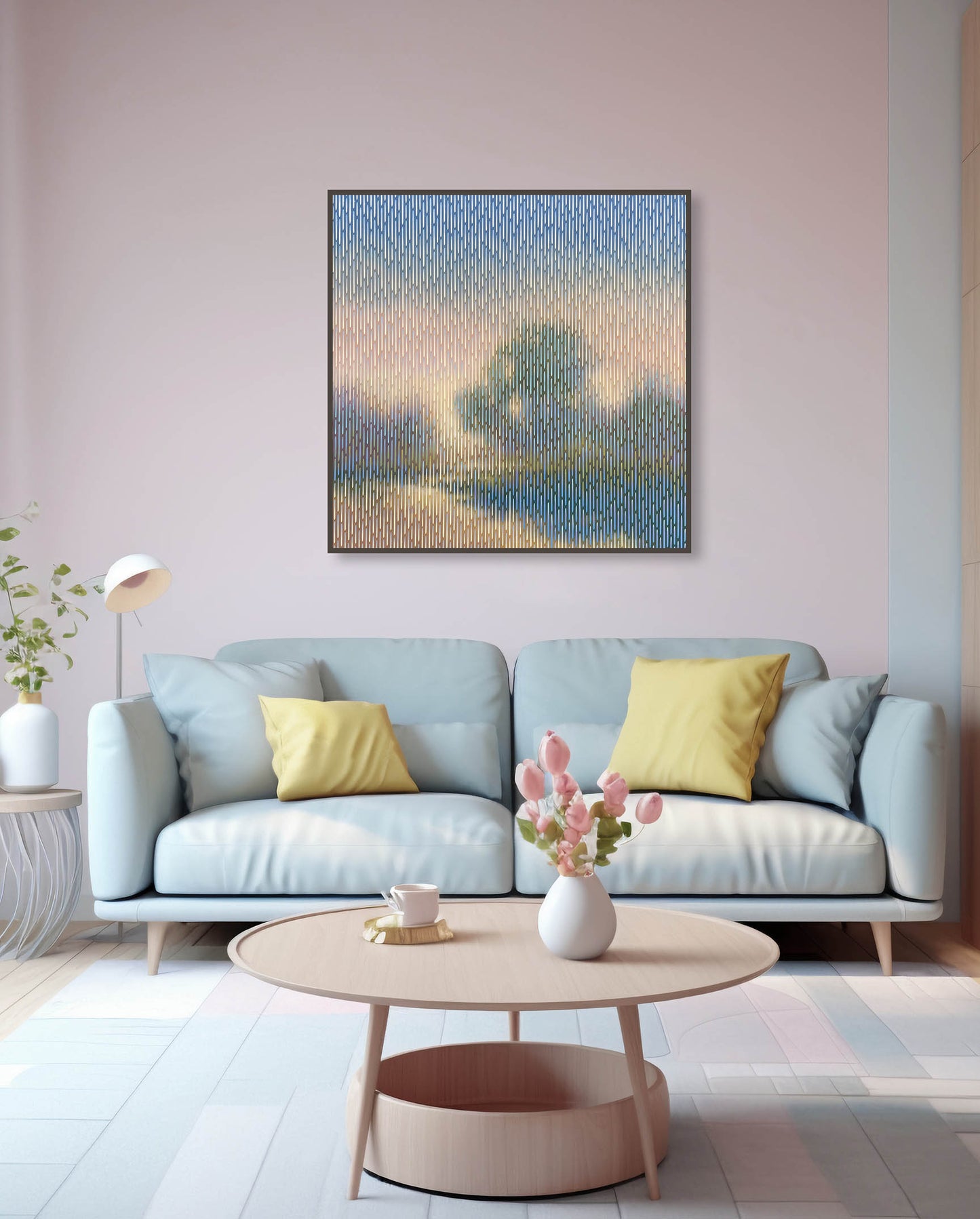 Master bedroom interior styling with Vasyl Kolodiy's serene abstract landscape Mirage No. 82 hanging above a designer bed.