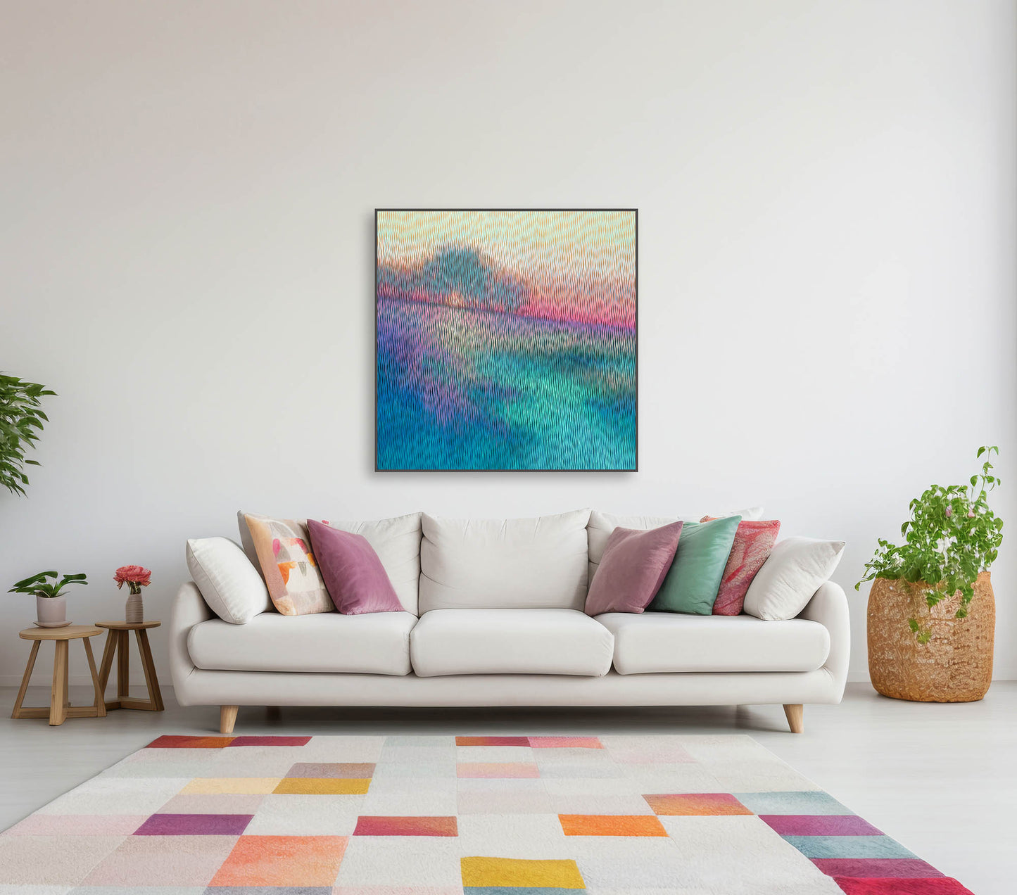 Living room with a white sofa, colorful pillows, and a vibrant abstract painting on the wall.