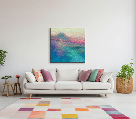 Living room with a white sofa, colorful pillows, and a vibrant abstract painting on the wall.