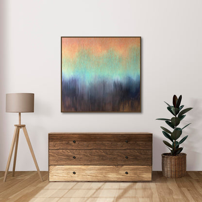 Wooden dresser with abstract painting and plant in a room setting