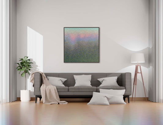 Modern living room with a gray sofa, decorative pillows, and a colorful abstract painting on the wall.