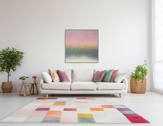 Living room with a white sofa, colorful cushions, and the calming original abstract artwork Mirage No. 60